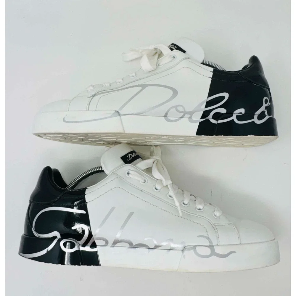 Dolce & Gabbana Portofino Logo Leather Sneakers White Black Men's 9 CS1600 Luxe
